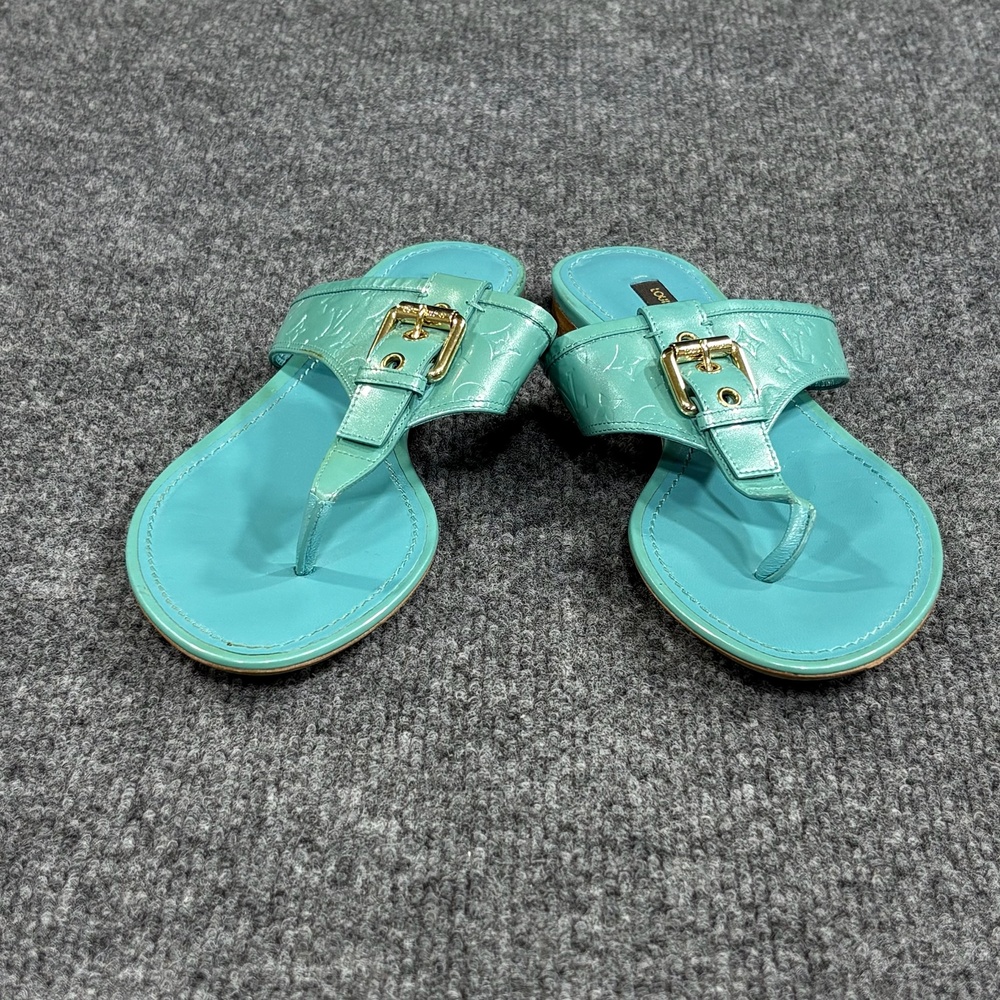 Louis Vuitton Sandals Womens 6 EU 36 Blue Patent Thong Logo Buckle Flat Italy